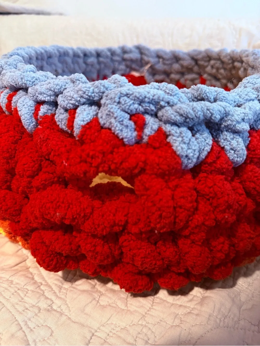 Handmade Plush Basket with Handle - Flame themed with Red, Orange, Yellow & Blue